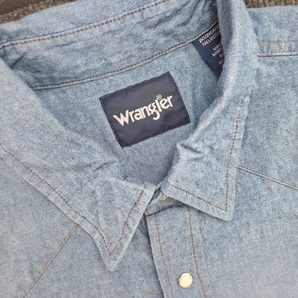 Wrangler Western Shirt Mens 2XT Blue Denim Pearl Snap Long‎ Sleeve Tall Workwear